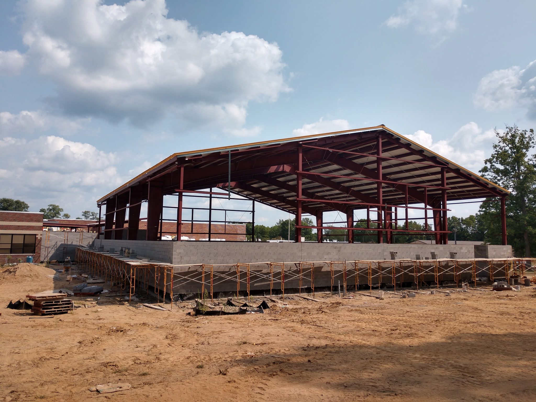 Steel frame structure under construction on a clear day.